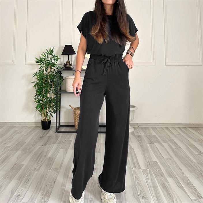 Spring Summer Solid Color Round Neck Short Sleeve Women Top Casual High Waist Wide Leg Pants Suit