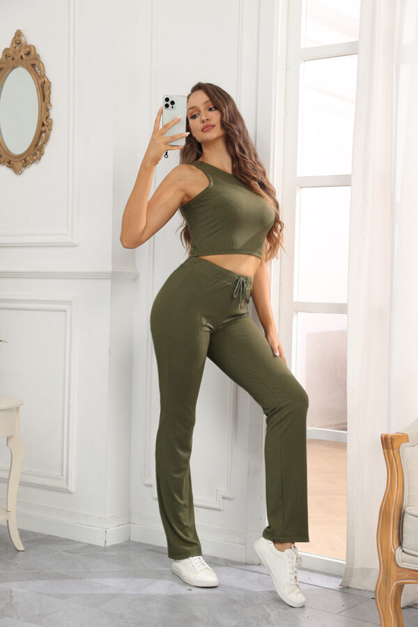 Summer Solid Color High Elastic Body Shaping Round Neck Sleeveless Women Casual Trousers Suit