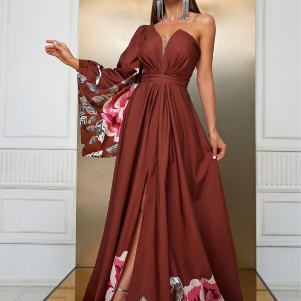 Design Maxi Dress Chiffon Single Sleeve Maxi Dress Split Print Dress - Image 3