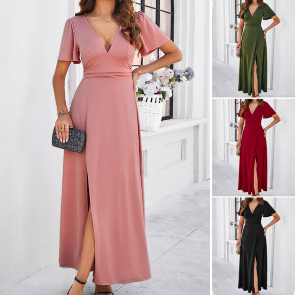 Women Clothing Spring Summer Solid Color Elegant Slim V neck Dress - Image 4