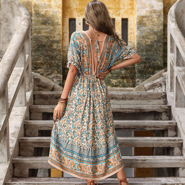 Summer Retro Mid Length Dress Printing Irregular Asymmetric Holiday Dress - Image 4