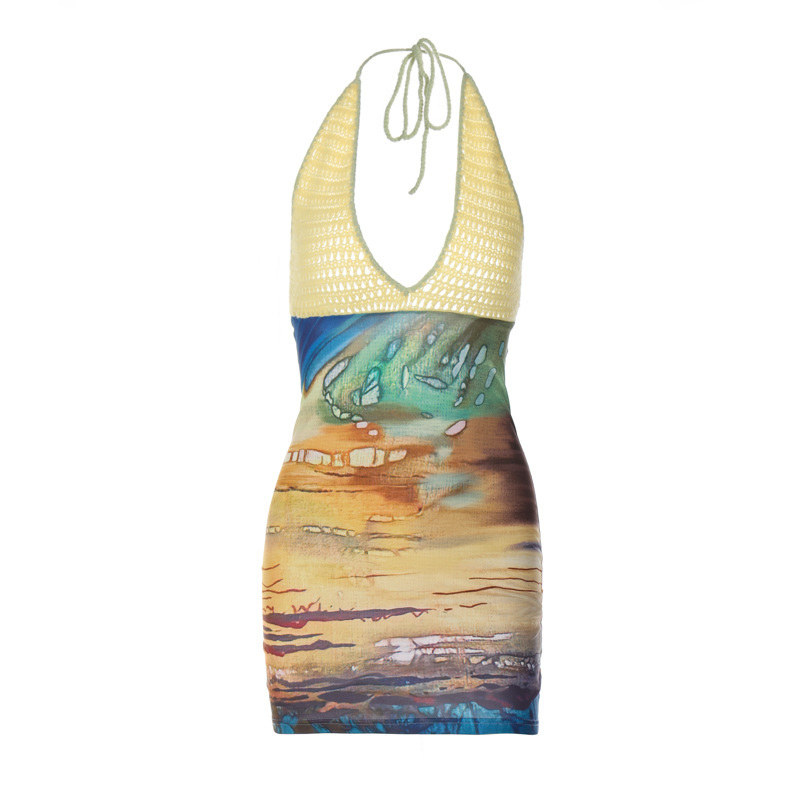 Spring Sexy Printing Stitching Wool Deep V Plunge Halter Sheath Dress for Women - Image 5