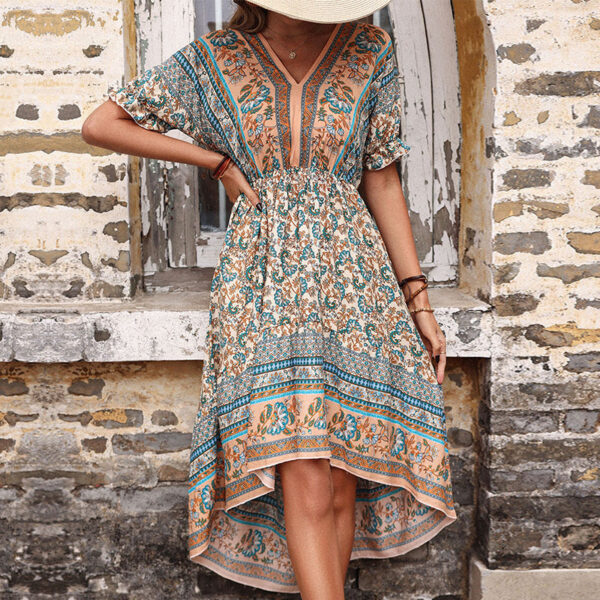 Summer Retro Mid Length Dress Printing Irregular Asymmetric Holiday Dress