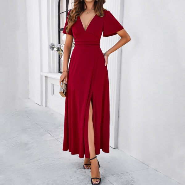 Women Clothing Spring Summer Solid Color Elegant Slim V neck Dress - Image 2